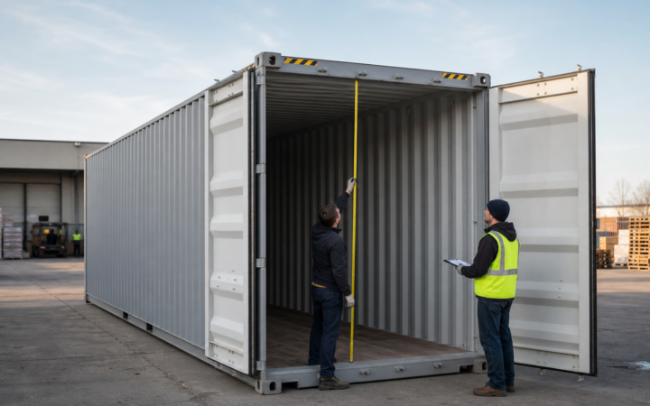 Warehouse staff measuring the interior height of a 40-foot high-cube shipping container