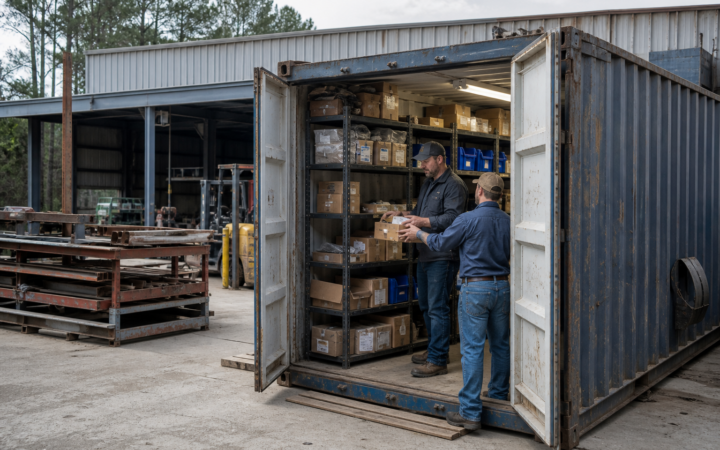 Manufacturing employees retrieving replacement parts from an organized shipping container in Charlotte