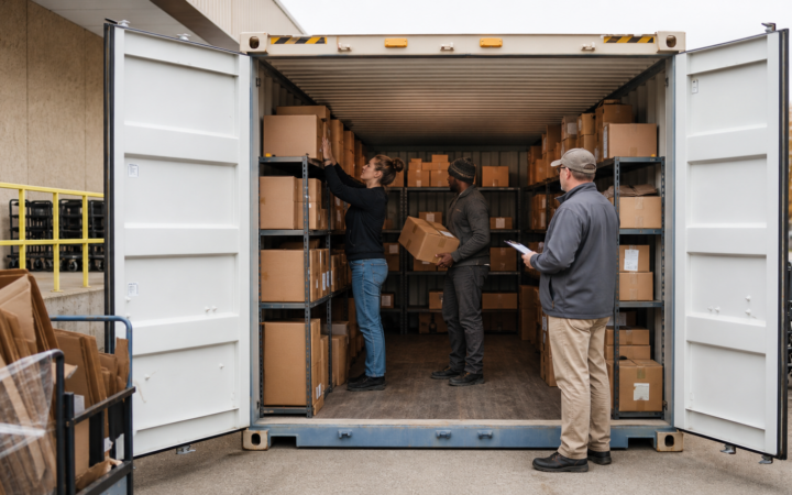 Retail employees organizing seasonal inventory inside a shipping container in Columbus Ohio