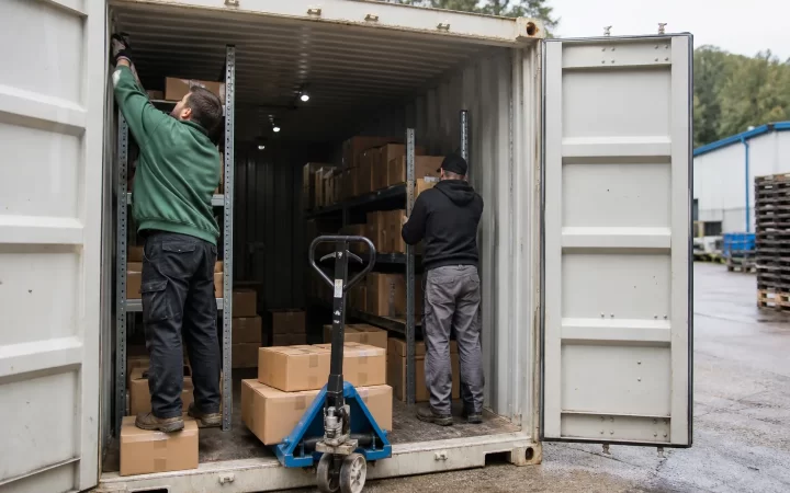 Warehouse employees arranging business inventory inside a steel shipping container