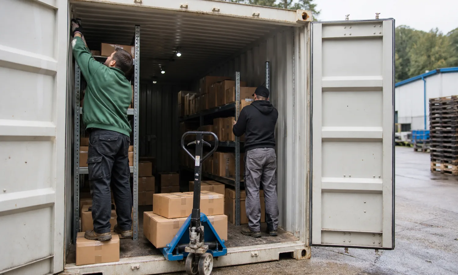 Warehouse employees arranging business inventory inside a steel shipping container