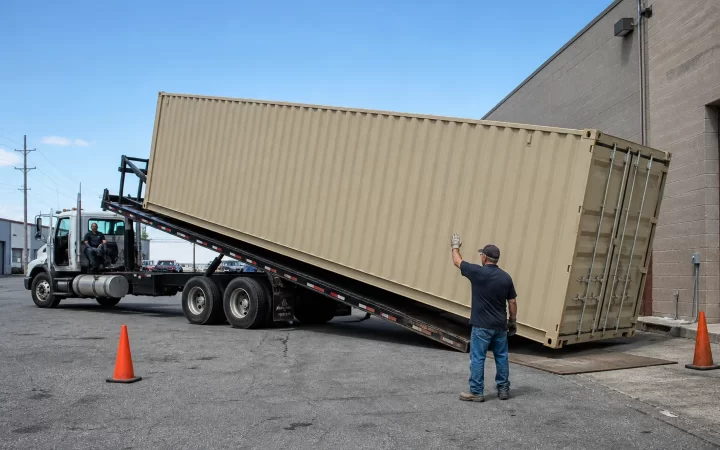 Tilt-bed truck delivering a steel shipping container with a site spotter