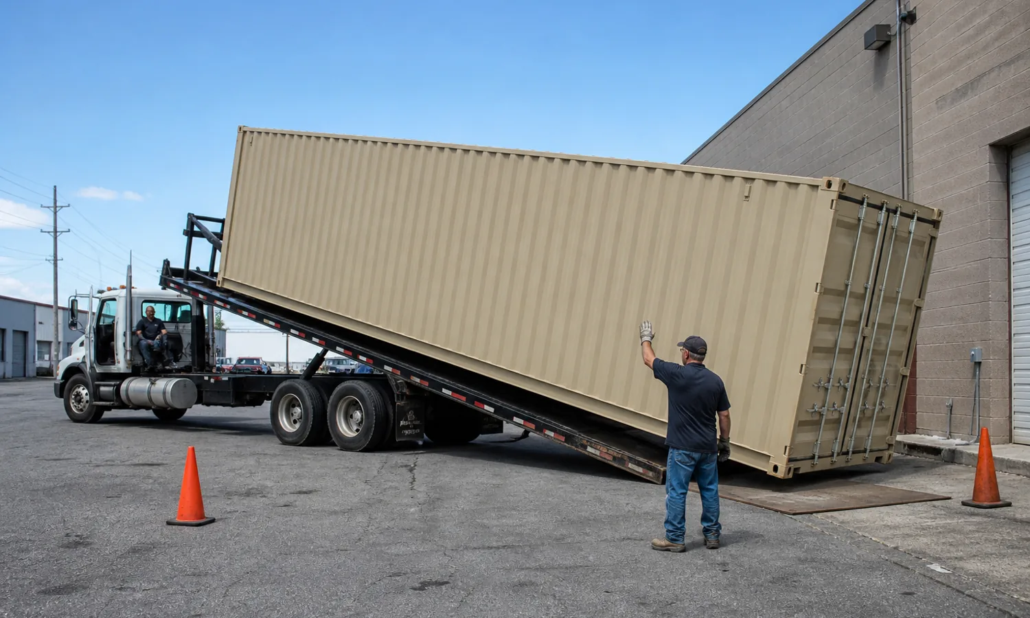 Tilt-bed truck delivering a steel shipping container with a site spotter