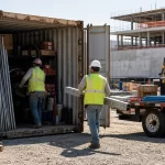 Dallas construction crew organizing tools and materials in a steel shipping container