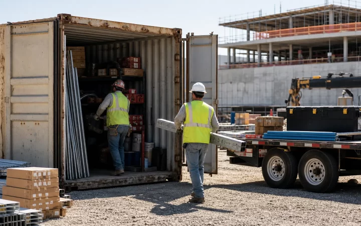Dallas construction crew organizing tools and materials in a steel shipping container