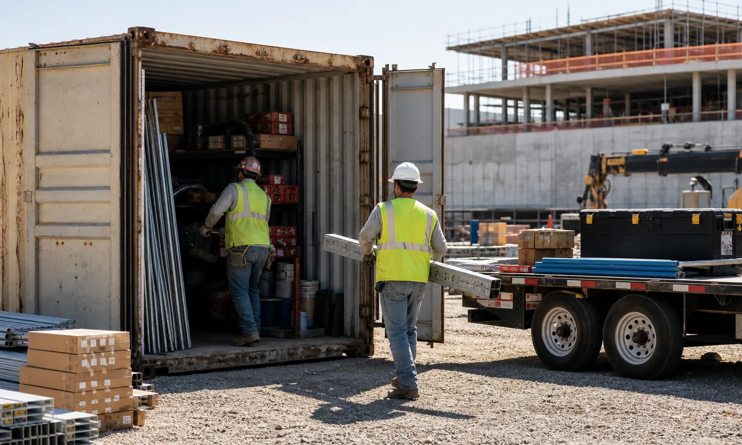 Dallas construction crew organizing tools and materials in a steel shipping container