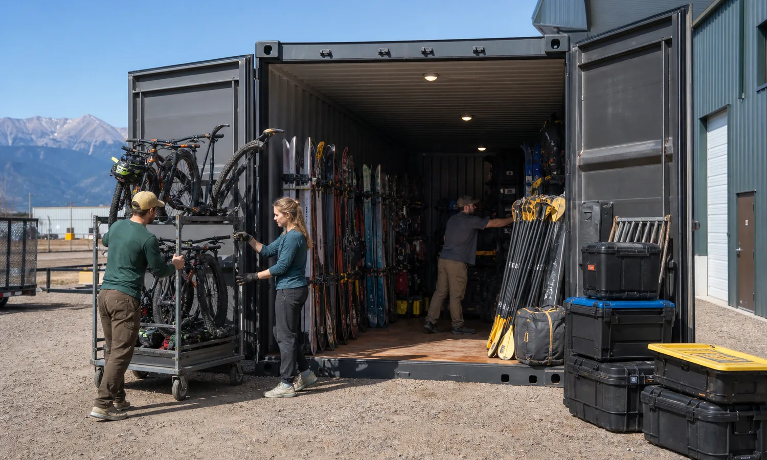Denver outdoor recreation staff organizing skis bikes and paddles in a high-cube container