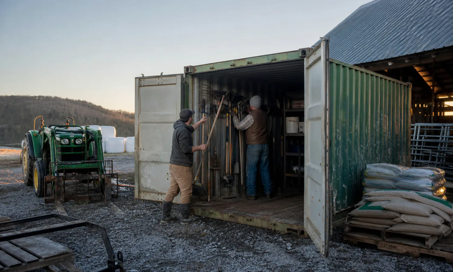Farm employees using a shipping container for secure equipment storage