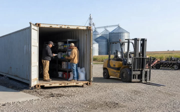 Iowa farm workers inventorying supplies inside a used steel shipping container