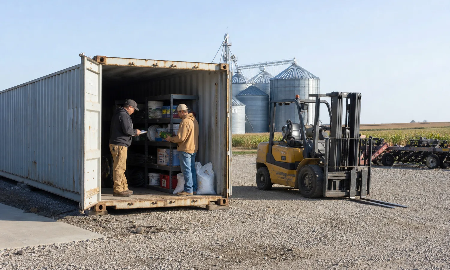 Iowa farm workers inventorying supplies inside a used steel shipping container