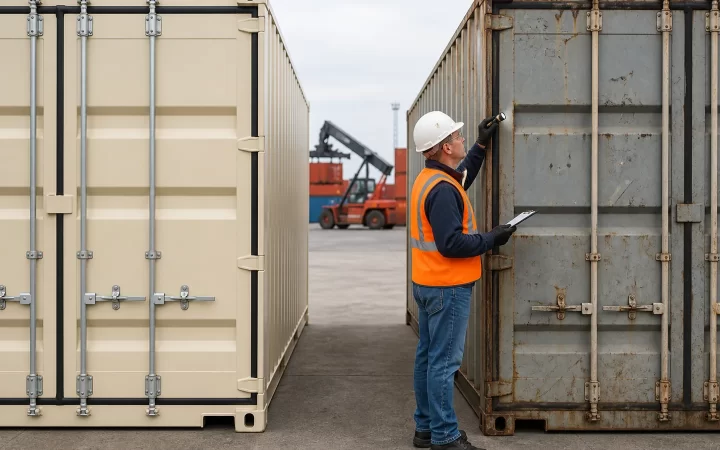 Container inspector comparing a clean one-trip container with a weathered used container