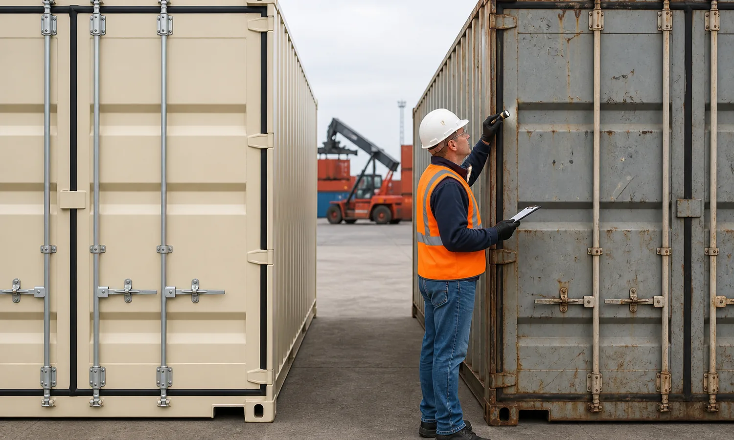 Container inspector comparing a clean one-trip container with a weathered used container