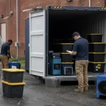 Richmond restoration crew inventorying sealed bins and drying equipment in a shipping container