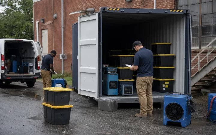 Richmond restoration crew inventorying sealed bins and drying equipment in a shipping container