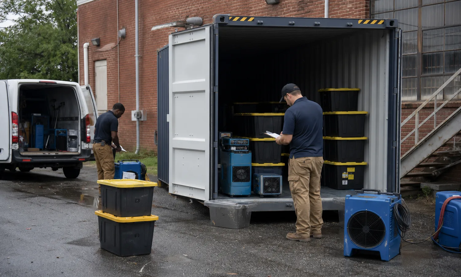 Richmond restoration crew inventorying sealed bins and drying equipment in a shipping container