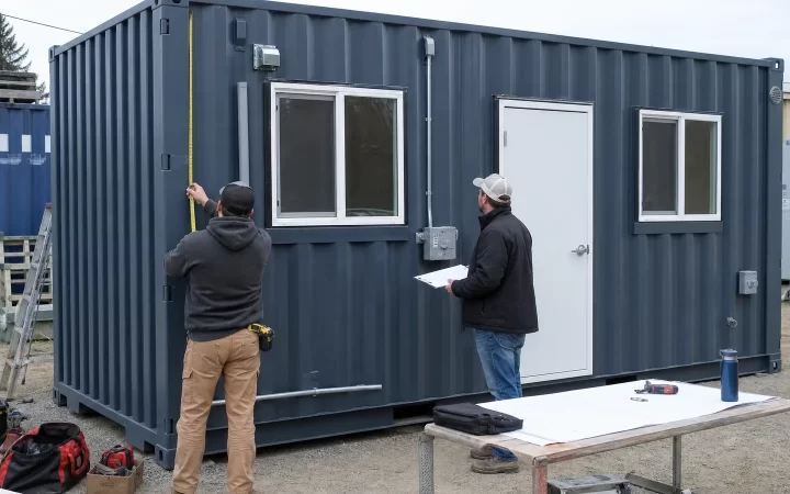 Contractors inspecting doors windows electrical conduit and ventilation on a modified shipping container
