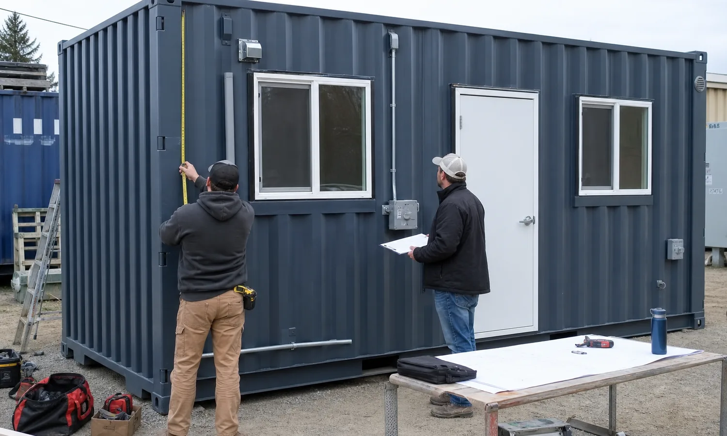 Contractors inspecting doors windows electrical conduit and ventilation on a modified shipping container