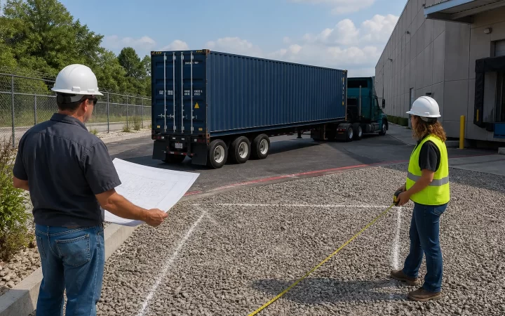 Property manager and delivery specialist planning shipping container placement at a commercial site