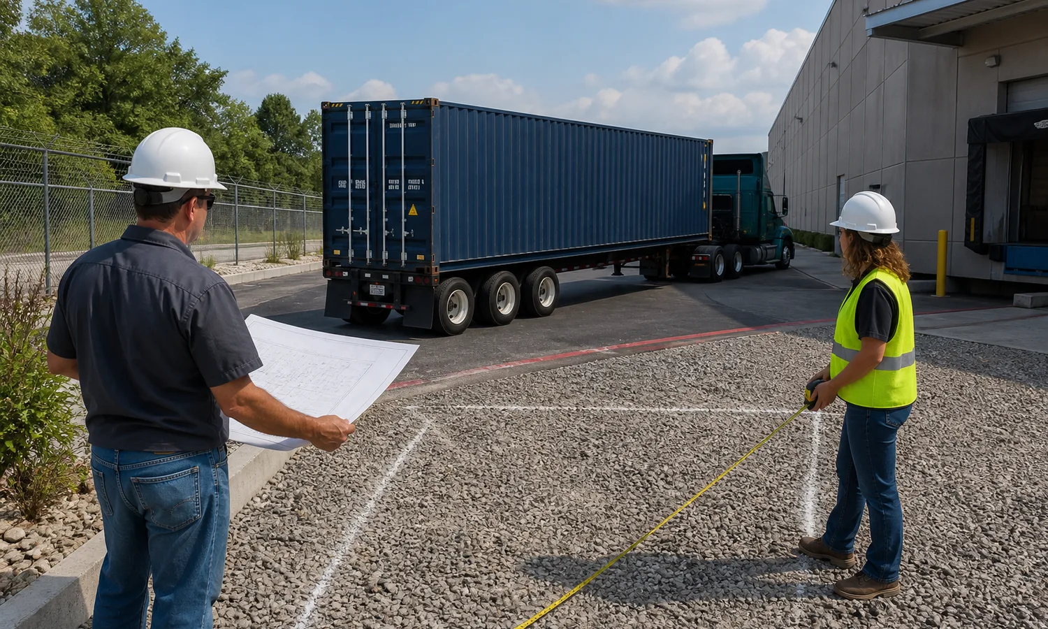 Property manager and delivery specialist planning shipping container placement at a commercial site