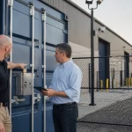 Security contractor and facility manager reviewing shipping container lock and site lighting
