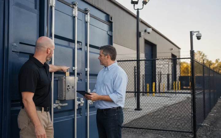 Security contractor and facility manager reviewing shipping container lock and site lighting