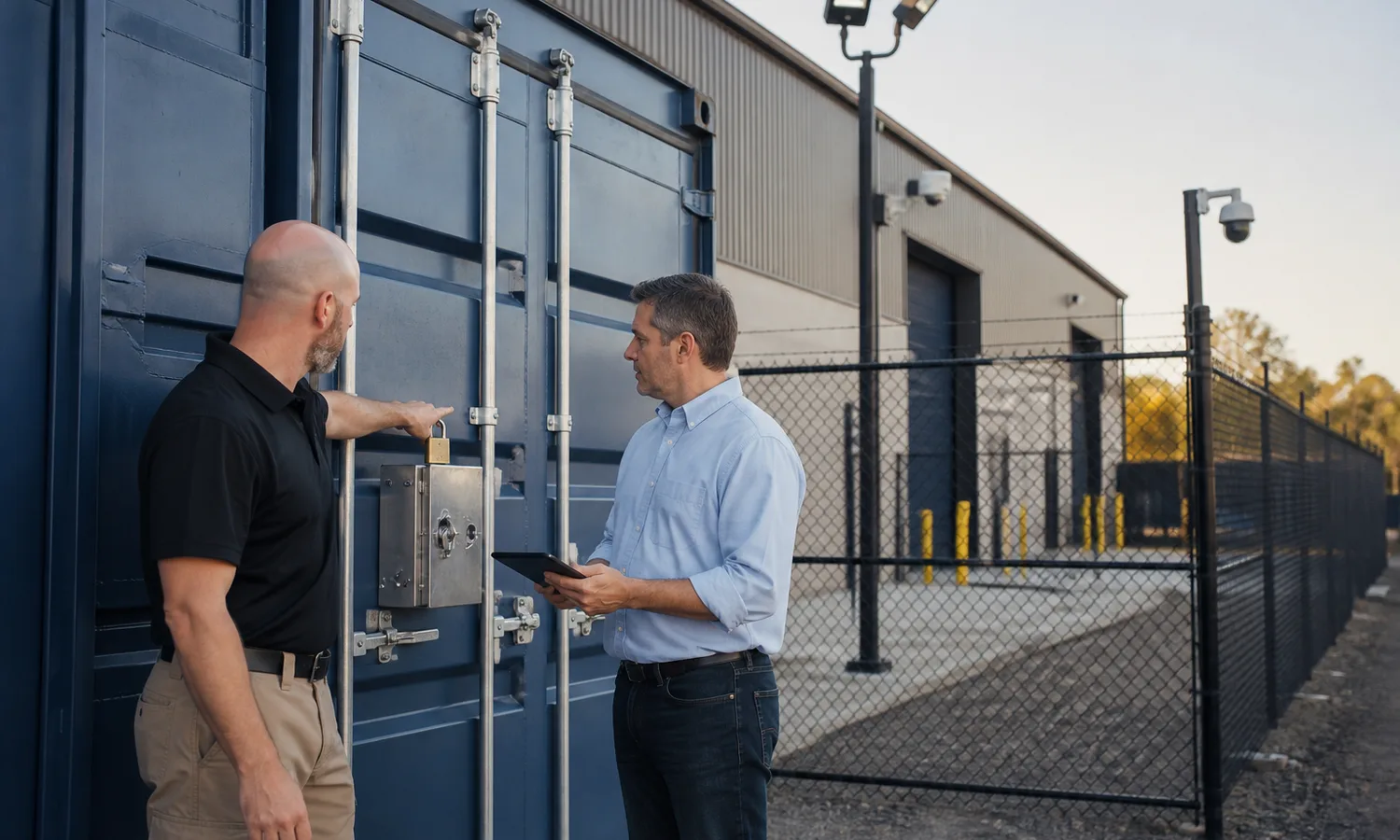 Security contractor and facility manager reviewing shipping container lock and site lighting