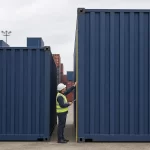 Container depot worker comparing standard and high-cube shipping container heights