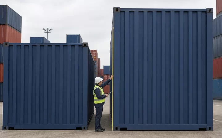 Container depot worker comparing standard and high-cube shipping container heights