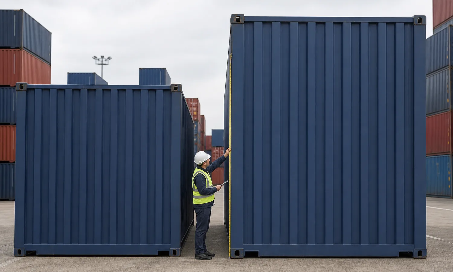 Container depot worker comparing standard and high-cube shipping container heights