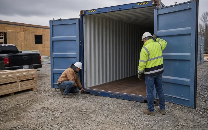 Contractors inspecting a steel shipping container before purchase