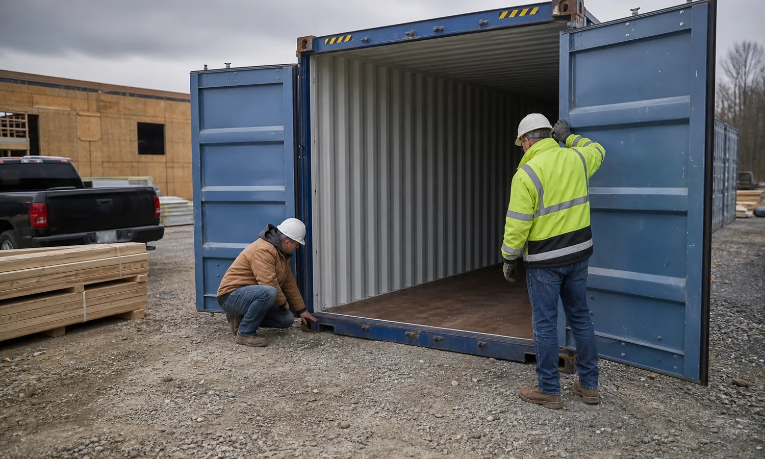 Contractors inspecting a steel shipping container before purchase