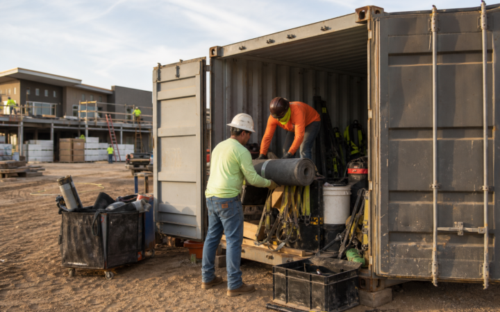 Roofing crew organizing tools and materials in a shipping container at a Phoenix construction site