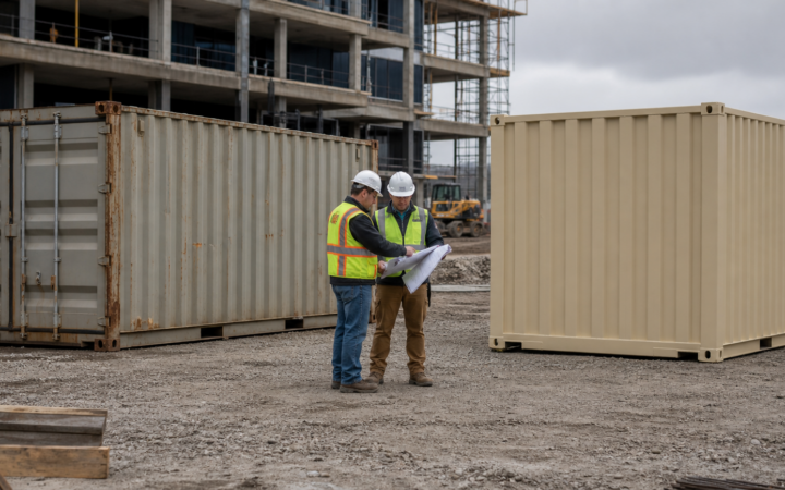Construction managers comparing a rented used container and a newer purchased container