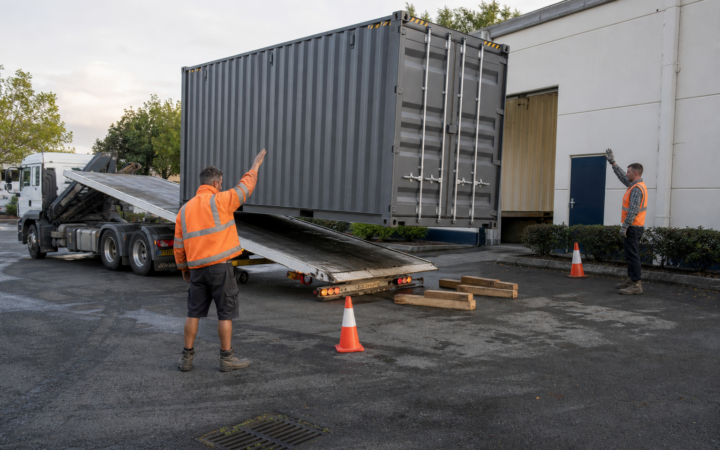 Shipping container delivery crew guiding a tilt-bed placement at a commercial building