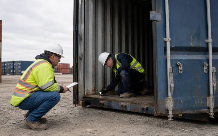 Buyer and container yard specialist inspecting a used shipping container