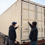 Facilities team inspecting a 40-foot high-cube shipping container for warehouse overflow storage