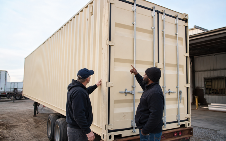 Facilities team inspecting a 40-foot high-cube shipping container for warehouse overflow storage