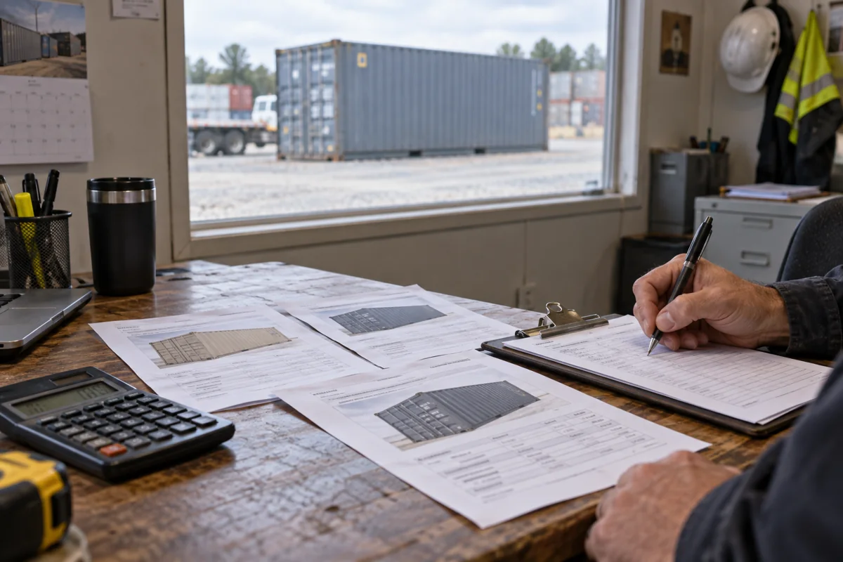 Container quote paperwork and calculator on a contractor's desk