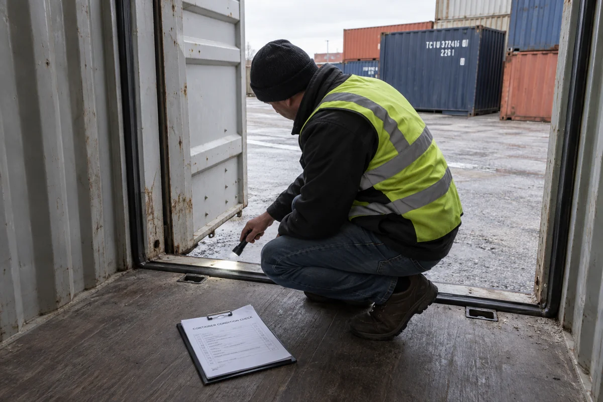 An inspector checking a used shipping container door seal and threshold