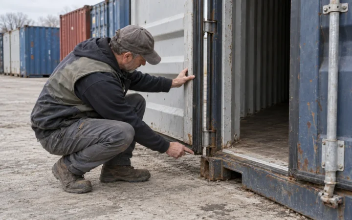Inspector checking the doors and rubber seals on a used shipping container