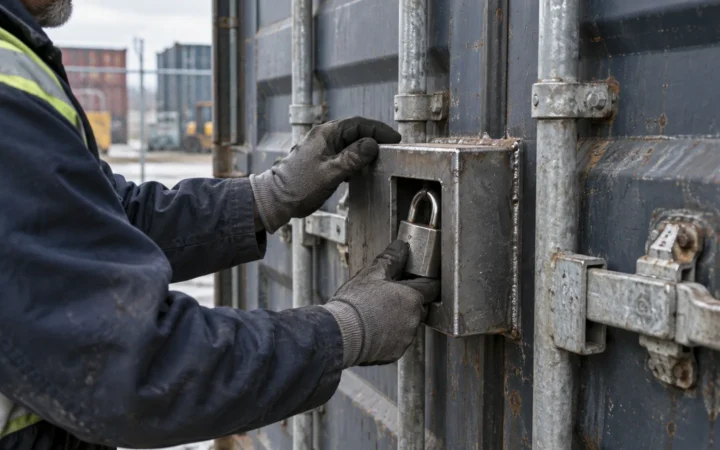 Heavy-duty lock and welded lockbox on a shipping container door