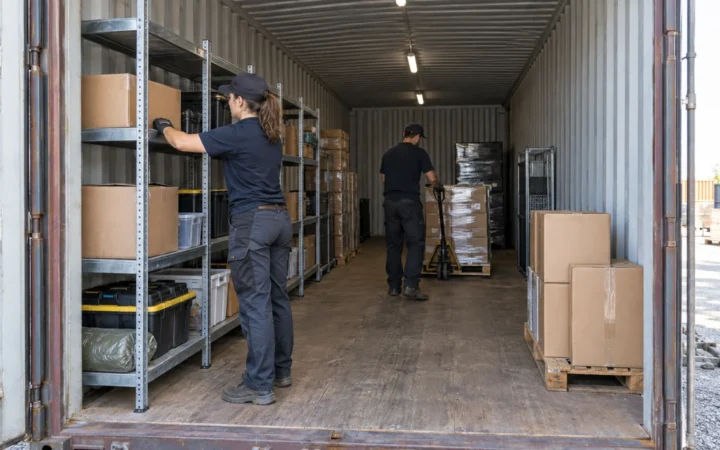 Worker retrieving organized inventory from shelving inside a shipping container