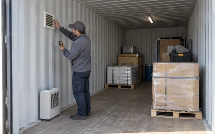 Organized shipping container interior with ventilation and humidity monitoring
