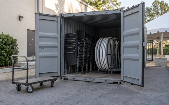 Stackable chairs and folded tables stored in an open container at a venue courtyard