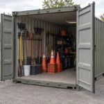 An open steel storage container with tools and cones in a maintenance yard