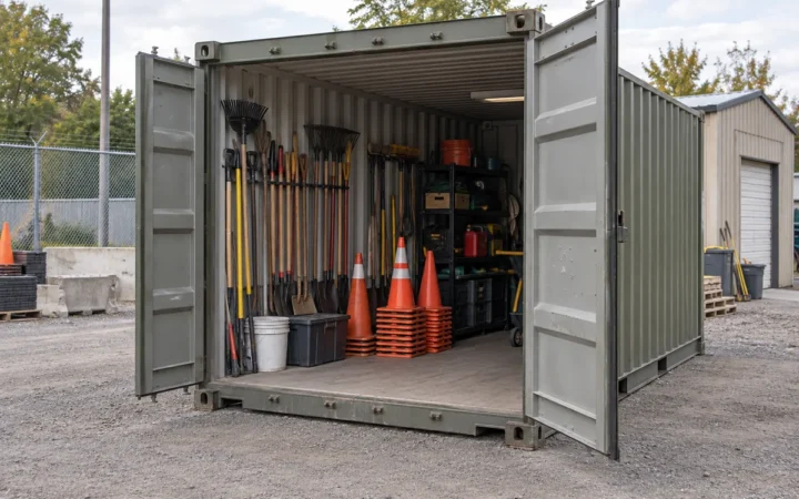 An open steel storage container with tools and cones in a maintenance yard