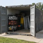 An open steel container holding field equipment beside a school maintenance area