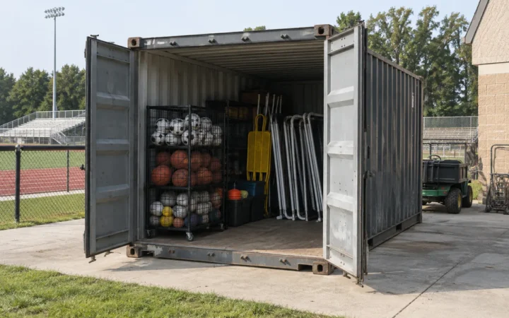An open steel container holding field equipment beside a school maintenance area