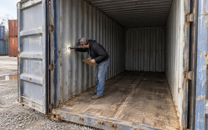 Buyer inspecting rust, dents and the floor of a used shipping container