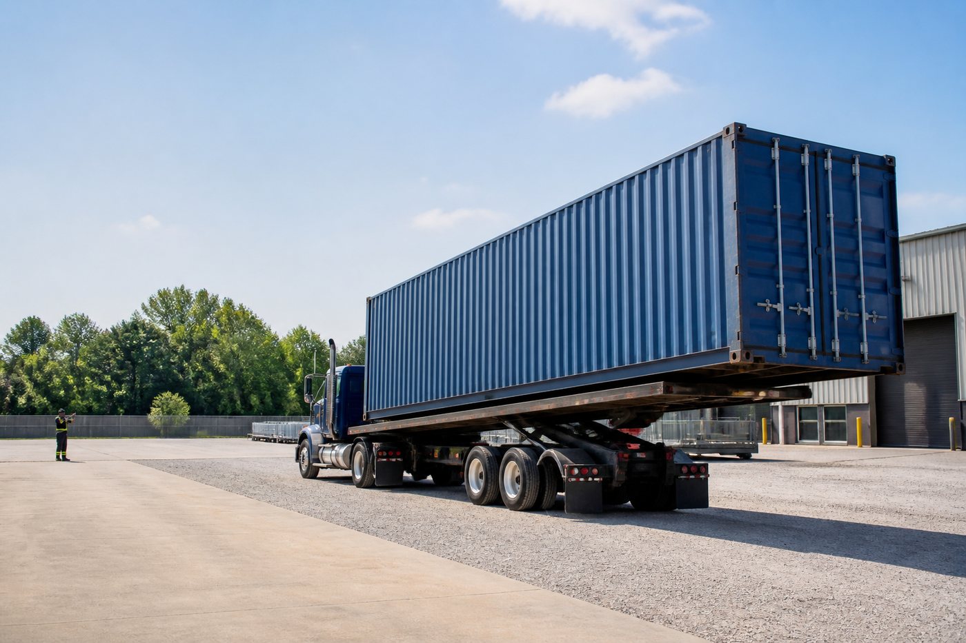 Tilt-bed delivery of a steel shipping container.